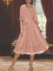 A Line Princess Scoop Half Sleeves Tea Length Mother Of The Bride Dresses With Appliques Wrap