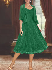 A Line Princess Scoop Half Sleeves Tea Length Mother Of The Bride Dresses With Appliques Wrap