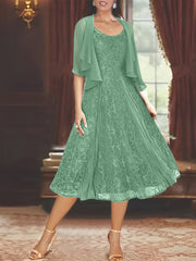 A Line Princess Scoop Half Sleeves Tea Length Mother Of The Bride Dresses With Appliques Wrap