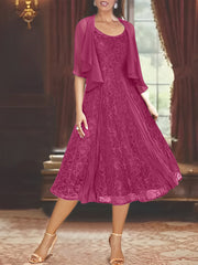 A-Line/Princess Scoop Half Sleeves Tea-Length Mother of the Bride Dresses with Appliques & Wrap