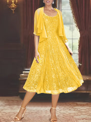 A Line Princess Scoop Half Sleeves Tea Length Mother Of The Bride Dresses With Appliques Wrap