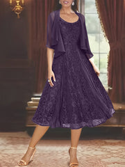 A Line Princess Scoop Half Sleeves Tea Length Mother Of The Bride Dresses With Appliques Wrap