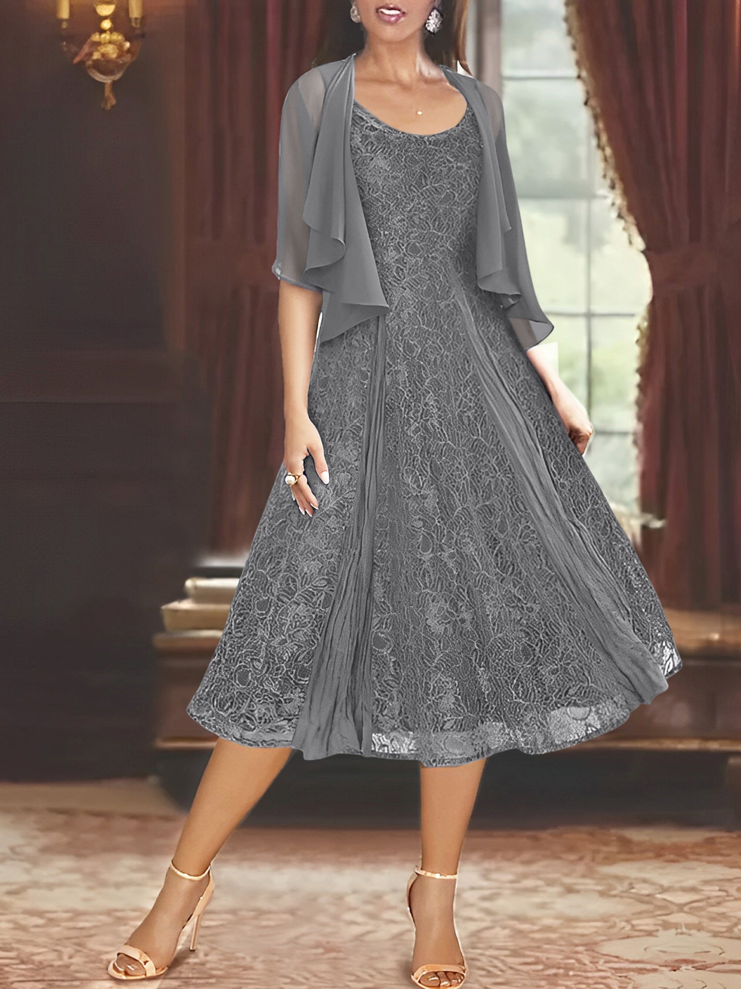 A Line Princess Scoop Half Sleeves Tea Length Mother Of The Bride Dresses With Appliques Wrap
