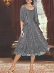 A Line Princess Scoop Half Sleeves Tea Length Mother Of The Bride Dresses With Appliques Wrap