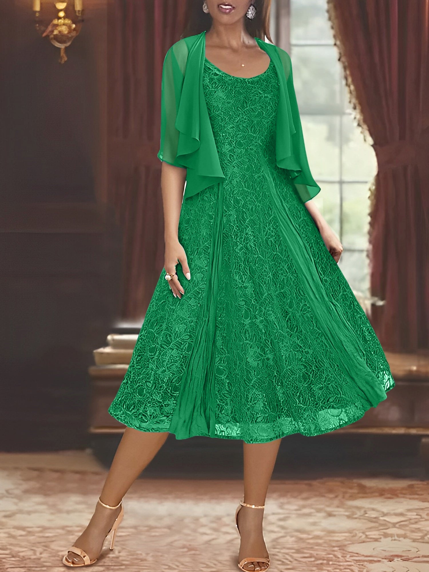 A Line Princess Scoop Half Sleeves Tea Length Mother Of The Bride Dresses With Appliques Wrap