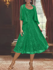 A Line Princess Scoop Half Sleeves Tea Length Mother Of The Bride Dresses With Appliques Wrap