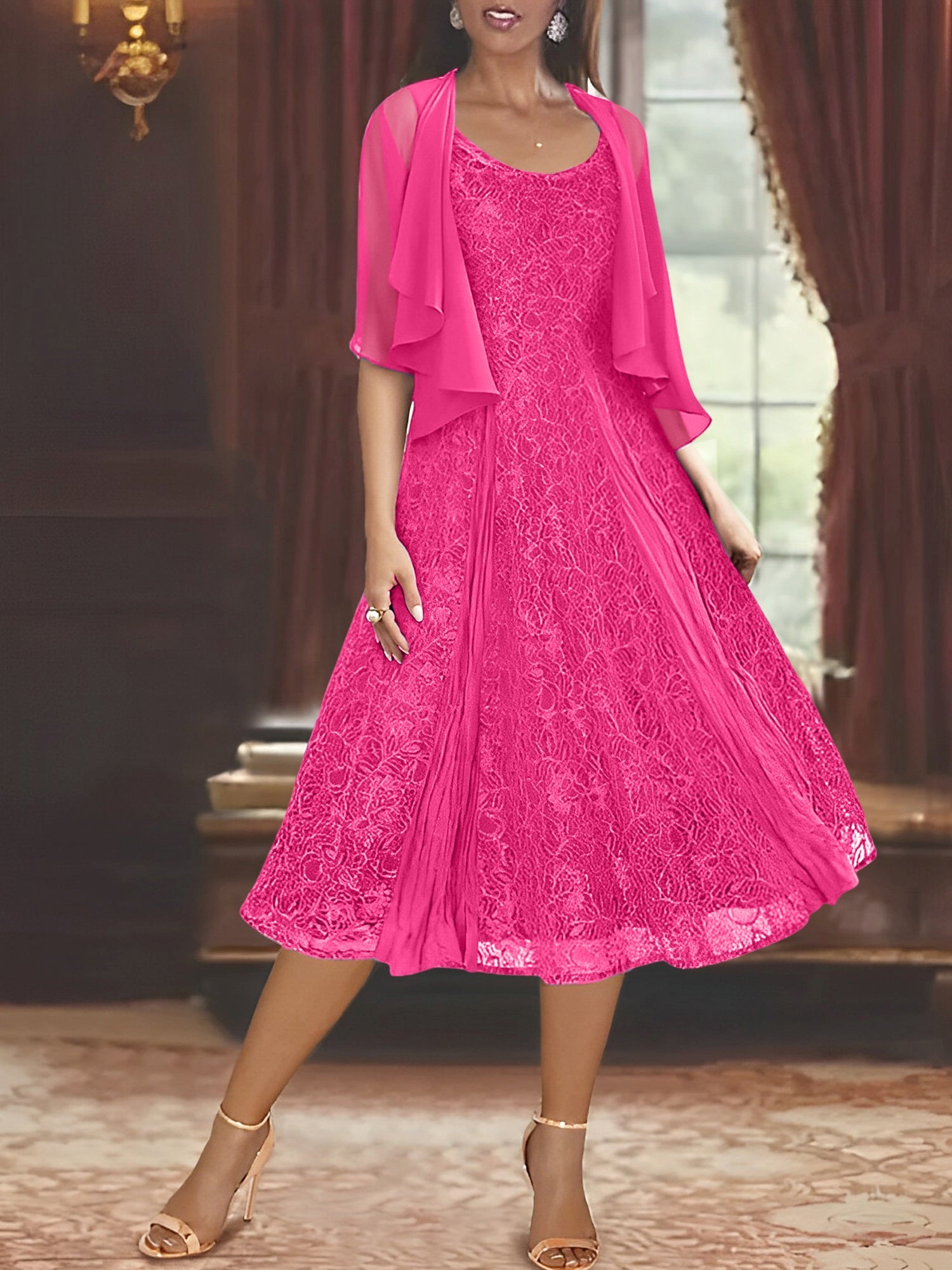 A Line Princess Scoop Half Sleeves Tea Length Mother Of The Bride Dresses With Appliques Wrap