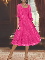 A Line Princess Scoop Half Sleeves Tea Length Mother Of The Bride Dresses With Appliques Wrap