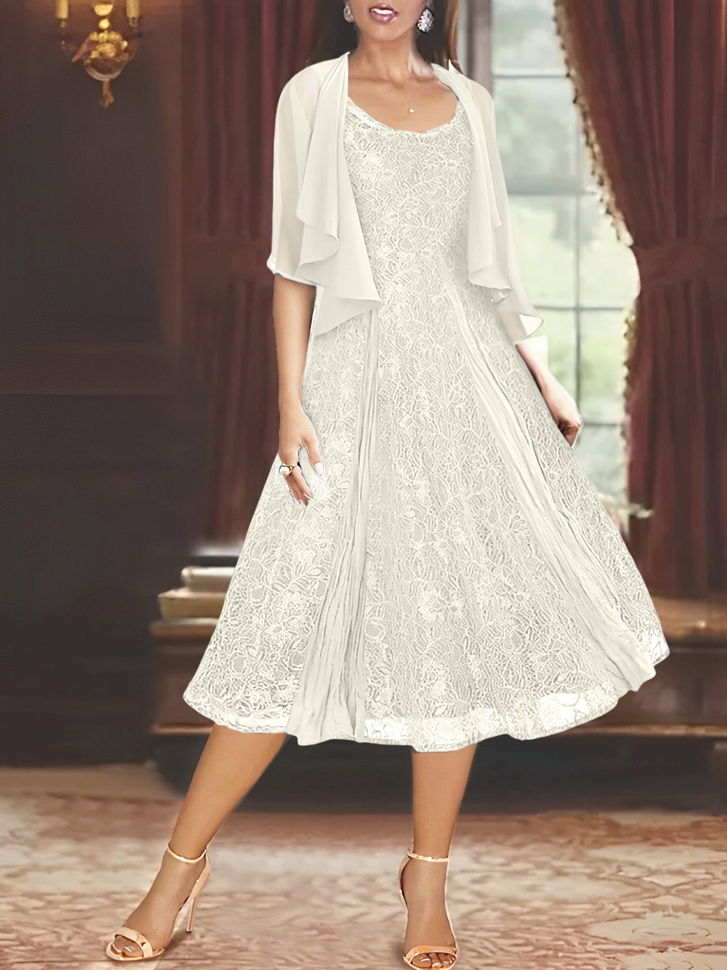 A Line Princess Scoop Half Sleeves Tea Length Mother Of The Bride Dresses With Appliques Wrap
