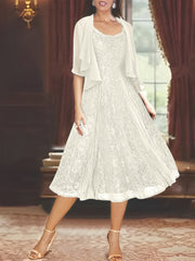 A Line Princess Scoop Half Sleeves Tea Length Mother Of The Bride Dresses With Appliques Wrap