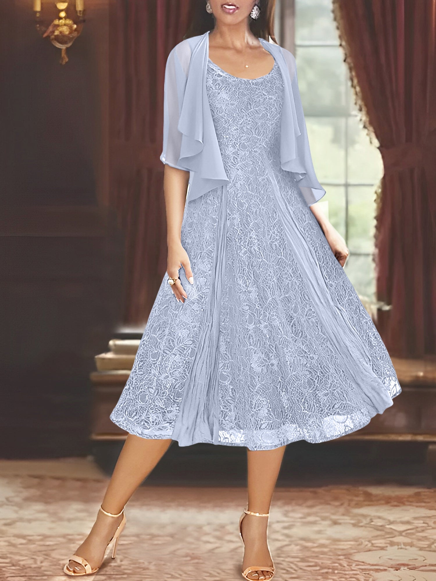 A Line Princess Scoop Half Sleeves Tea Length Mother Of The Bride Dresses With Appliques Wrap