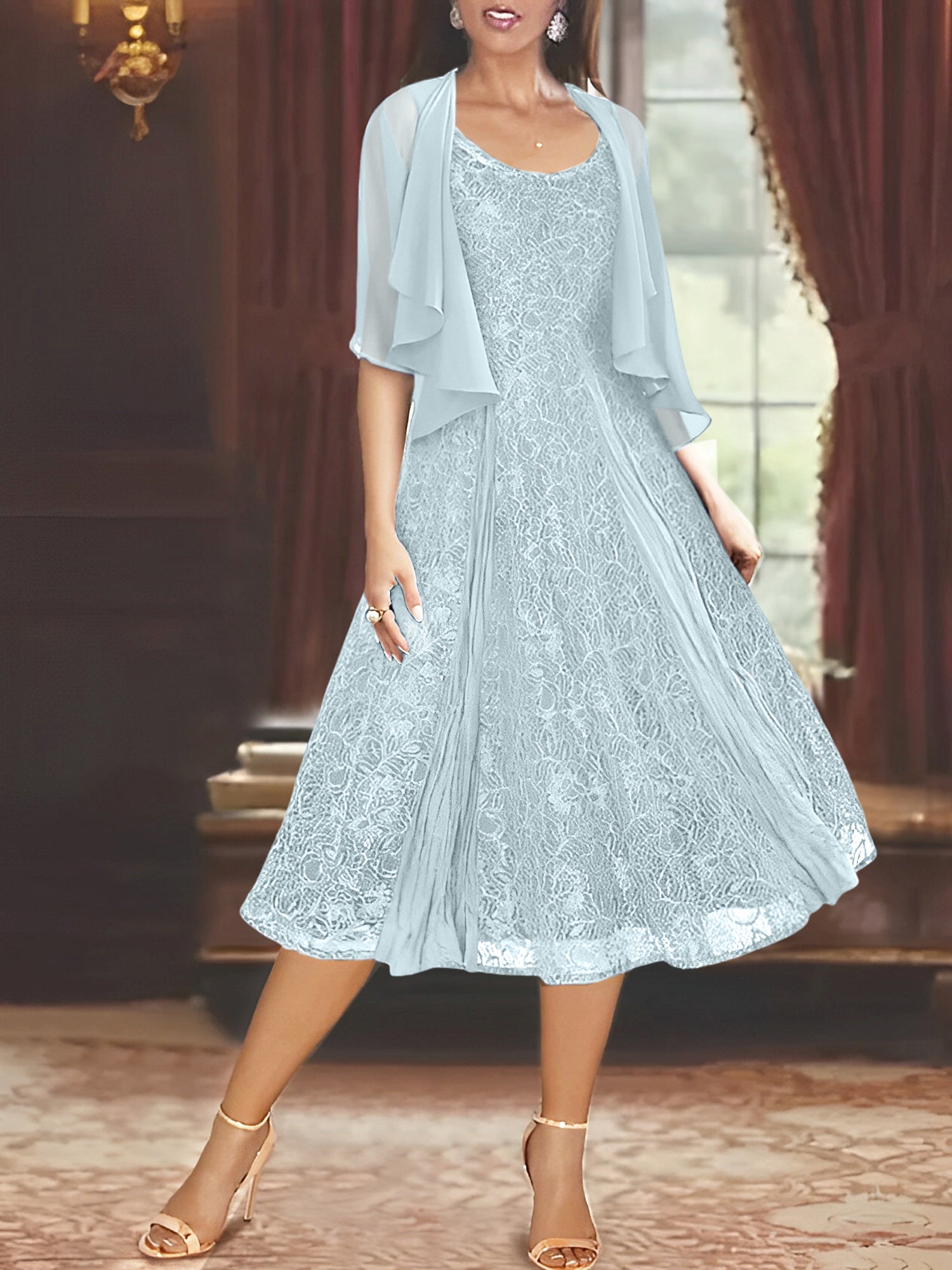 A Line Princess Scoop Half Sleeves Tea Length Mother Of The Bride Dresses With Appliques Wrap