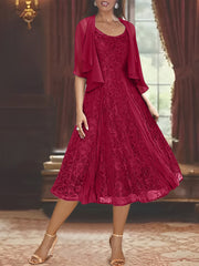A Line Princess Scoop Half Sleeves Tea Length Mother Of The Bride Dresses With Appliques Wrap