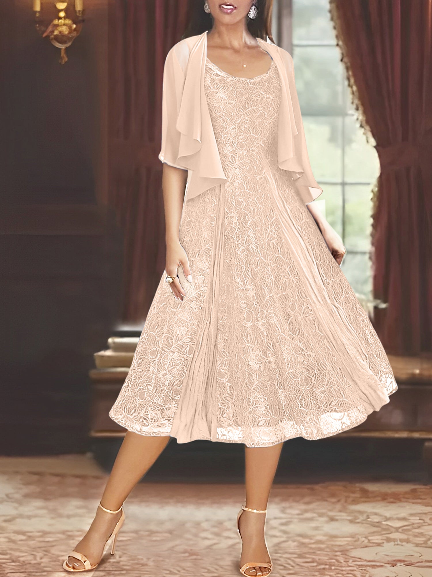 A Line Princess Scoop Half Sleeves Tea Length Mother Of The Bride Dresses With Appliques Wrap