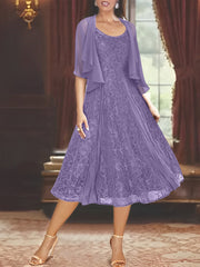 A Line Princess Scoop Half Sleeves Tea Length Mother Of The Bride Dresses With Appliques Wrap