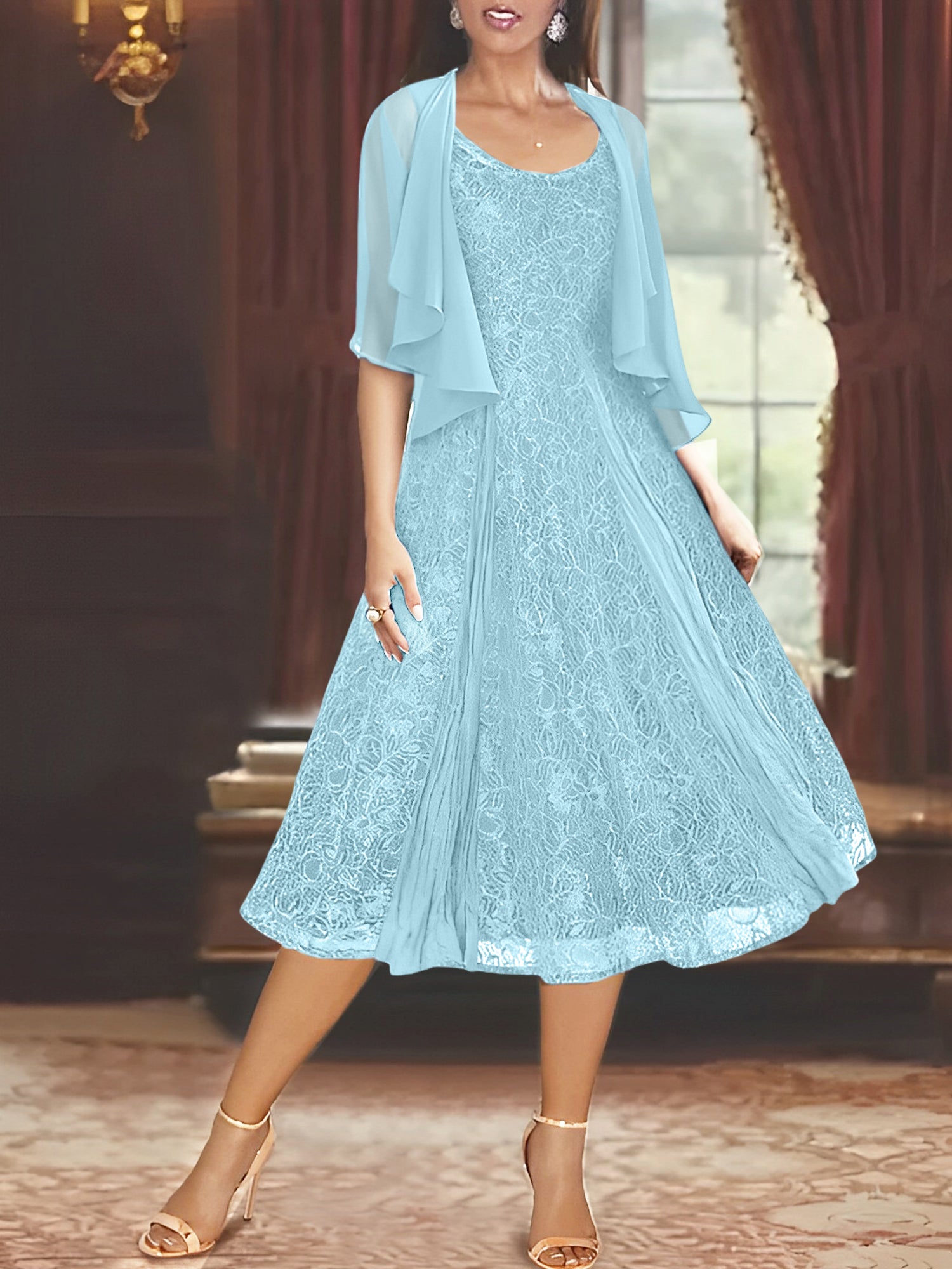A Line Princess Scoop Half Sleeves Tea Length Mother Of The Bride Dresses With Appliques Wrap