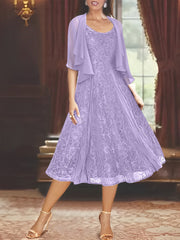 A Line Princess Scoop Half Sleeves Tea Length Mother Of The Bride Dresses With Appliques Wrap