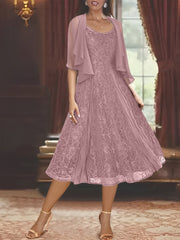 A Line Princess Scoop Half Sleeves Tea Length Mother Of The Bride Dresses With Appliques Wrap