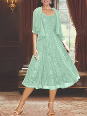 A Line Princess Scoop Half Sleeves Tea Length Mother Of The Bride Dresses With Appliques Wrap