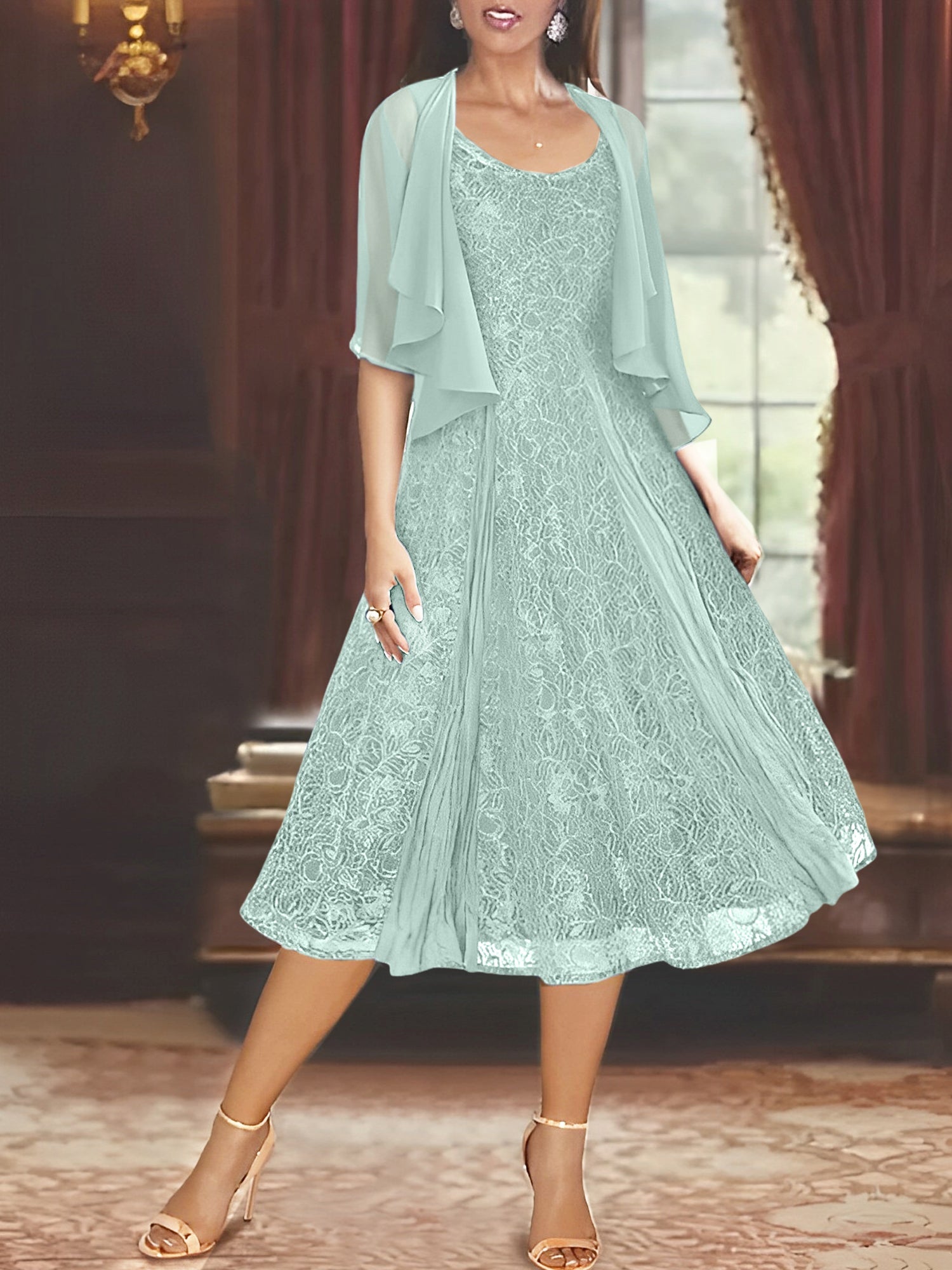 A Line Princess Scoop Half Sleeves Tea Length Mother Of The Bride Dresses With Appliques Wrap