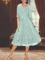 A Line Princess Scoop Half Sleeves Tea Length Mother Of The Bride Dresses With Appliques Wrap