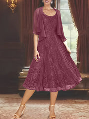 A-Line/Princess Scoop Half Sleeves Tea-Length Mother of the Bride Dresses with Appliques & Wrap