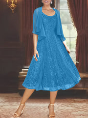 A Line Princess Scoop Half Sleeves Tea Length Mother Of The Bride Dresses With Appliques Wrap
