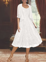 A Line Princess Scoop Half Sleeves Tea Length Mother Of The Bride Dresses With Appliques Wrap