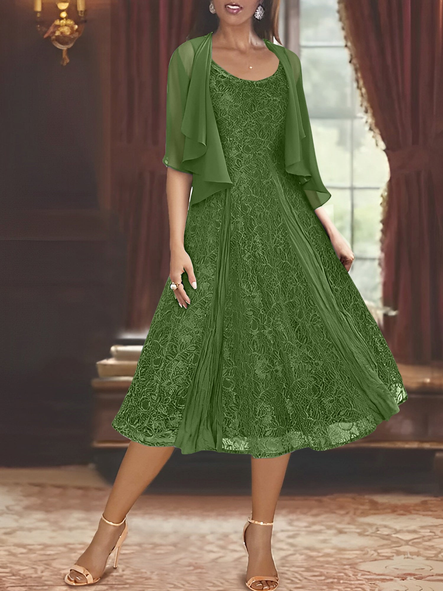 A Line Princess Scoop Half Sleeves Tea Length Mother Of The Bride Dresses With Appliques Wrap