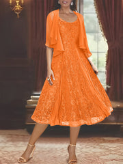 A Line Princess Scoop Half Sleeves Tea Length Mother Of The Bride Dresses With Appliques Wrap