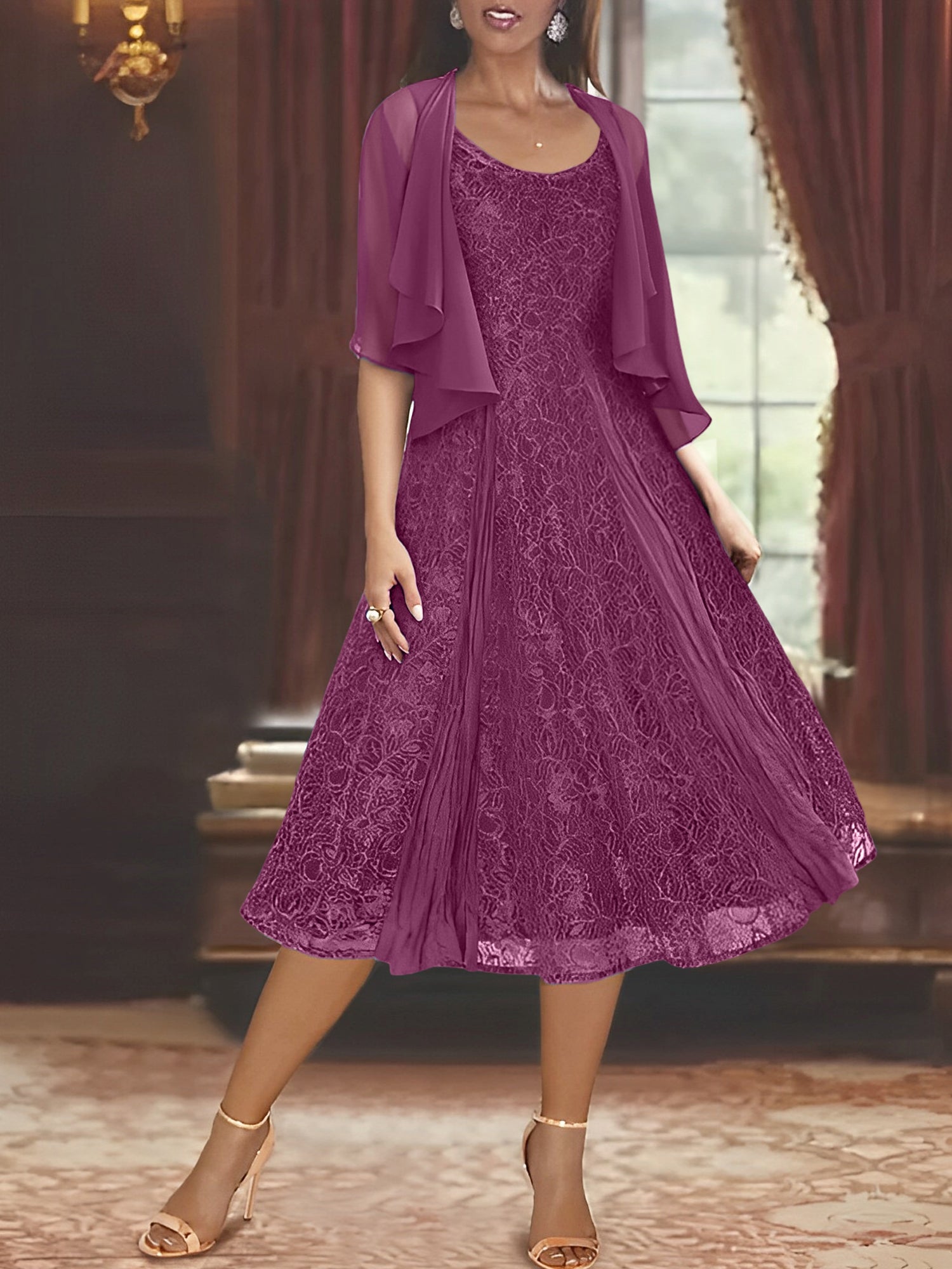 A Line Princess Scoop Half Sleeves Tea Length Mother Of The Bride Dresses With Appliques Wrap