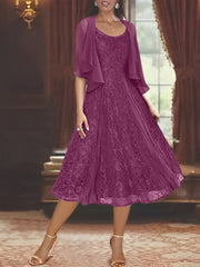A Line Princess Scoop Half Sleeves Tea Length Mother Of The Bride Dresses With Appliques Wrap