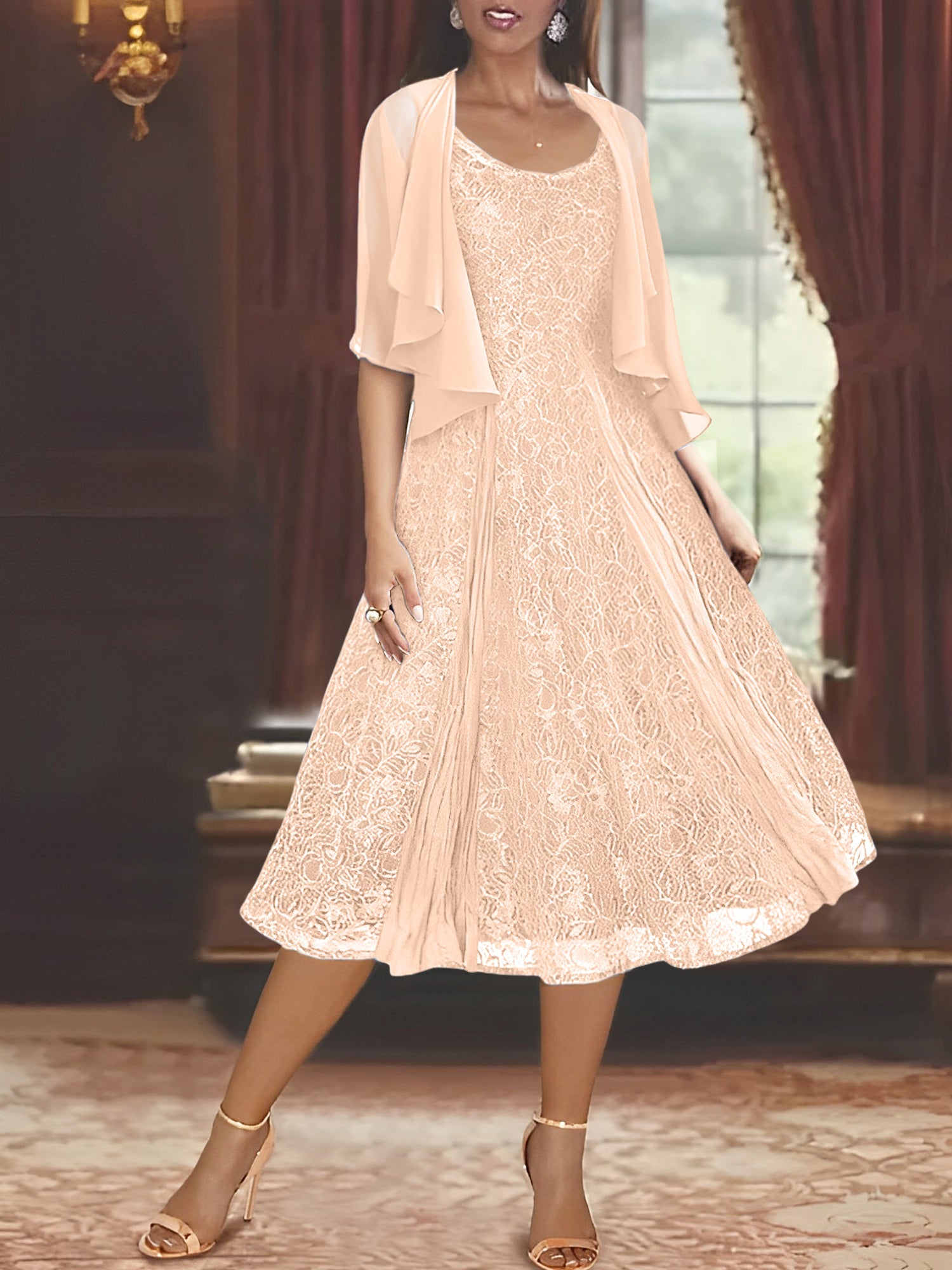 A Line Princess Scoop Half Sleeves Tea Length Mother Of The Bride Dresses With Appliques Wrap