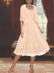 A Line Princess Scoop Half Sleeves Tea Length Mother Of The Bride Dresses With Appliques Wrap