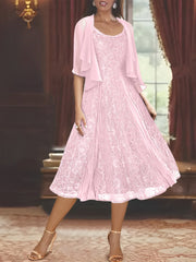 A Line Princess Scoop Half Sleeves Tea Length Mother Of The Bride Dresses With Appliques Wrap