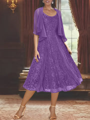 A Line Princess Scoop Half Sleeves Tea Length Mother Of The Bride Dresses With Appliques Wrap