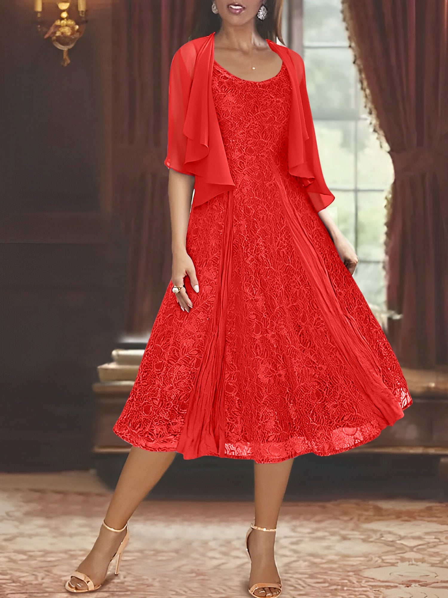 A Line Princess Scoop Half Sleeves Tea Length Mother Of The Bride Dresses With Appliques Wrap