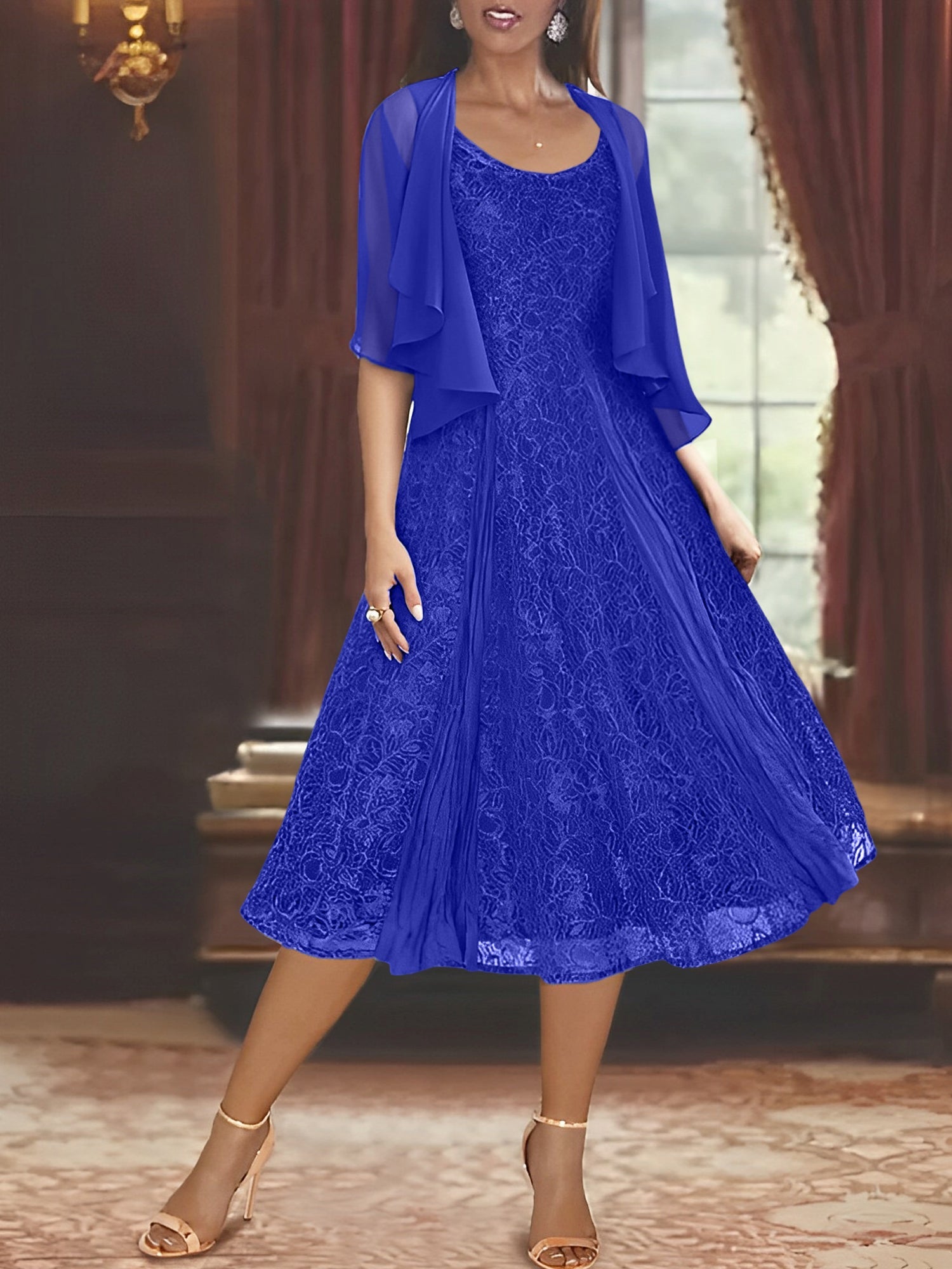 A Line Princess Scoop Half Sleeves Tea Length Mother Of The Bride Dresses With Appliques Wrap