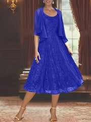A Line Princess Scoop Half Sleeves Tea Length Mother Of The Bride Dresses With Appliques Wrap