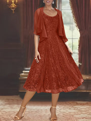 A Line Princess Scoop Half Sleeves Tea Length Mother Of The Bride Dresses With Appliques Wrap