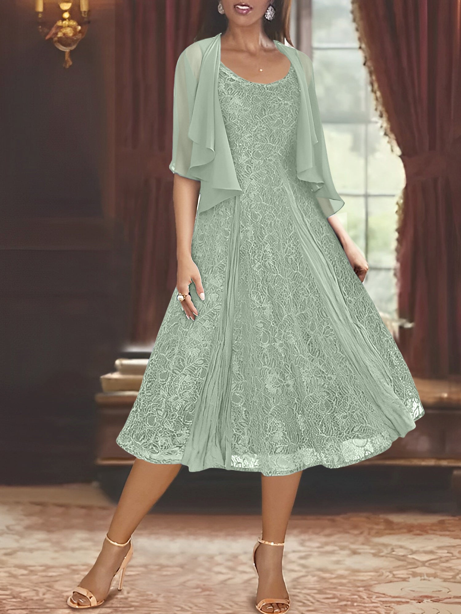 A Line Princess Scoop Half Sleeves Tea Length Mother Of The Bride Dresses With Appliques Wrap