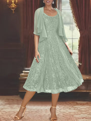 A Line Princess Scoop Half Sleeves Tea Length Mother Of The Bride Dresses With Appliques Wrap