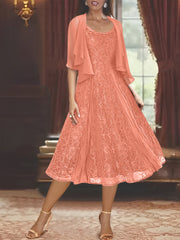 A Line Princess Scoop Half Sleeves Tea Length Mother Of The Bride Dresses With Appliques Wrap