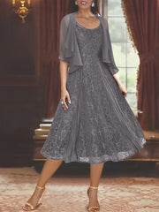 A Line Princess Scoop Half Sleeves Tea Length Mother Of The Bride Dresses With Appliques Wrap