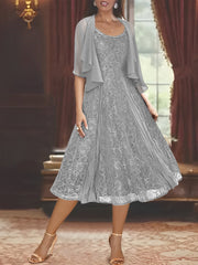 A Line Princess Scoop Half Sleeves Tea Length Mother Of The Bride Dresses With Appliques Wrap