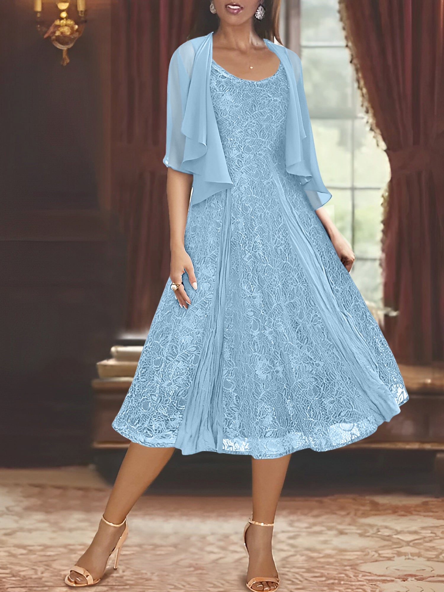 A Line Princess Scoop Half Sleeves Tea Length Mother Of The Bride Dresses With Appliques Wrap