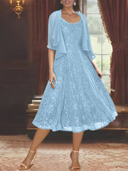 A Line Princess Scoop Half Sleeves Tea Length Mother Of The Bride Dresses With Appliques Wrap