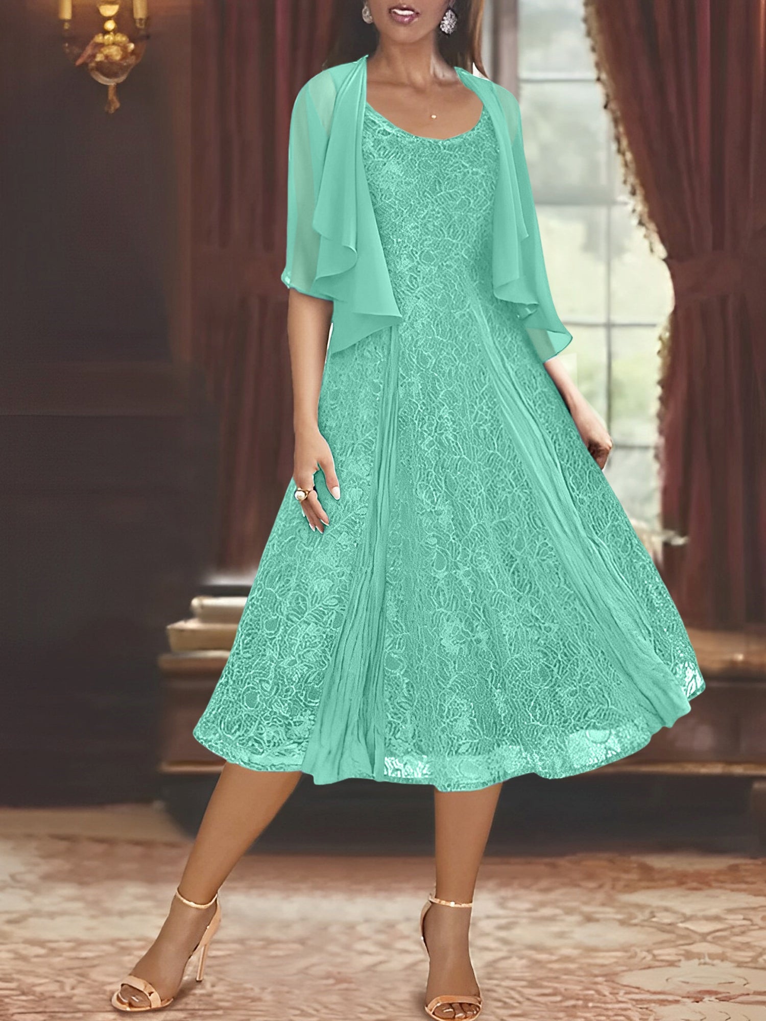 A Line Princess Scoop Half Sleeves Tea Length Mother Of The Bride Dresses With Appliques Wrap