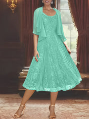 A Line Princess Scoop Half Sleeves Tea Length Mother Of The Bride Dresses With Appliques Wrap