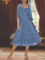 A Line Princess Scoop Half Sleeves Tea Length Mother Of The Bride Dresses With Appliques Wrap